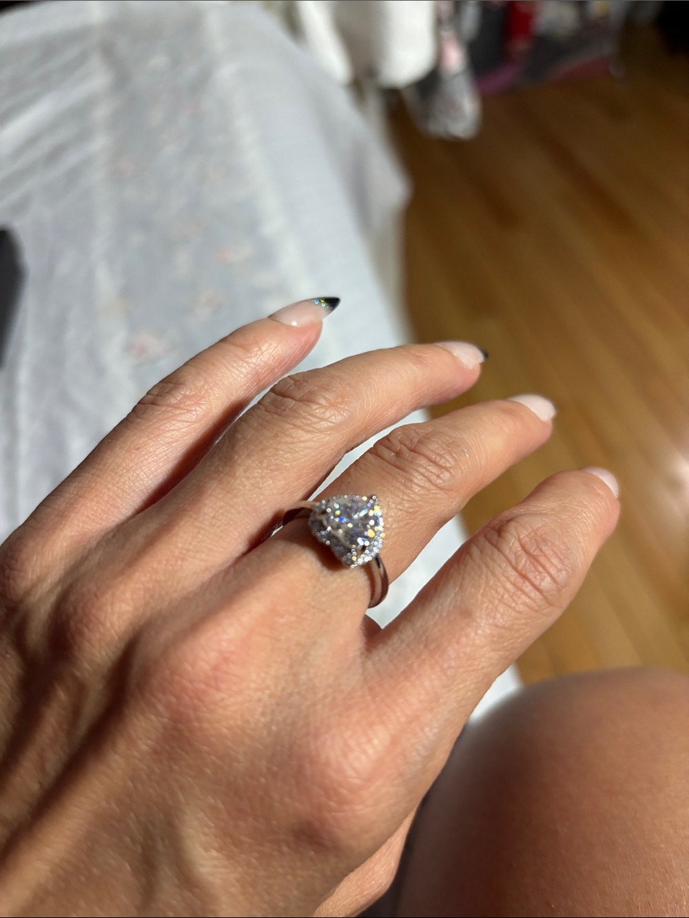 Heart Halo Ring in Clear Crystals - Sterling Silver Look
